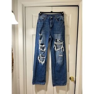 SHEIN Womens High Waisted Wide Leg Distressed Ripped Jeans Medium Wash Size 6
